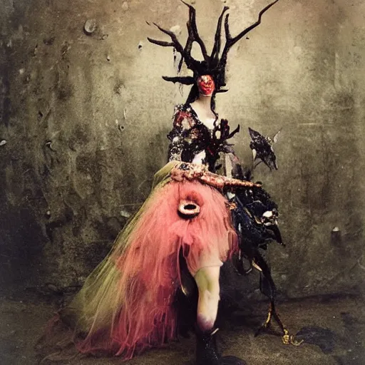 Image similar to damaged kodak portra 4 0 0, wetplate, photo of a surreal artsy dream scene,, very beautiful model, weird fashion, grotesque, extravagant dress, strange pose, carneval, with an animal, wtf, photographed by paolo roversi style