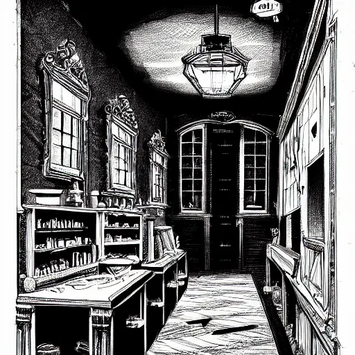 Prompt: dark shop interior illustration in style of mansion of madness by John Pacer