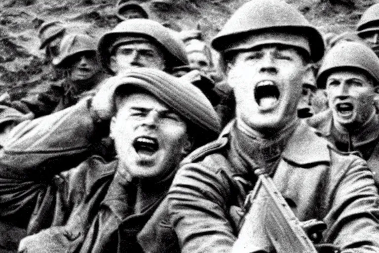 Image similar to Mark Rutte screaming and fighting while holding rifle in trenches World War 1, war photography,