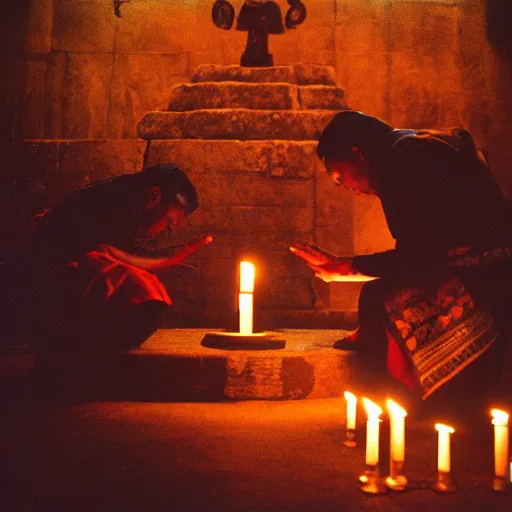 Image similar to film photography, an Aztec Priest praying to the dogs at the altar of an Aztec temple, at night, lit with candles, stormy night, Leica M6, cinestill 800, Noctilux 50mm