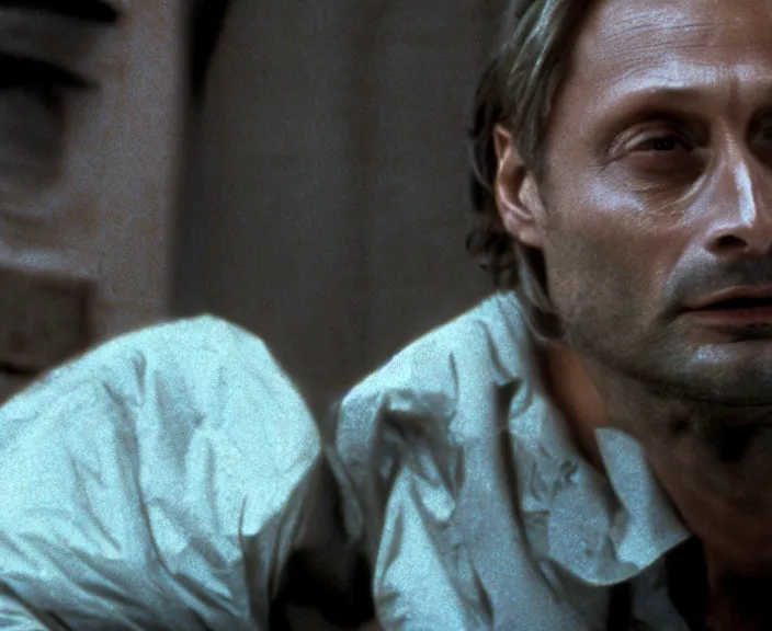 Image similar to a still of mads mikkelsen in the silence of the lambs ( 1 9 9 1 ), 4 k, hi - res