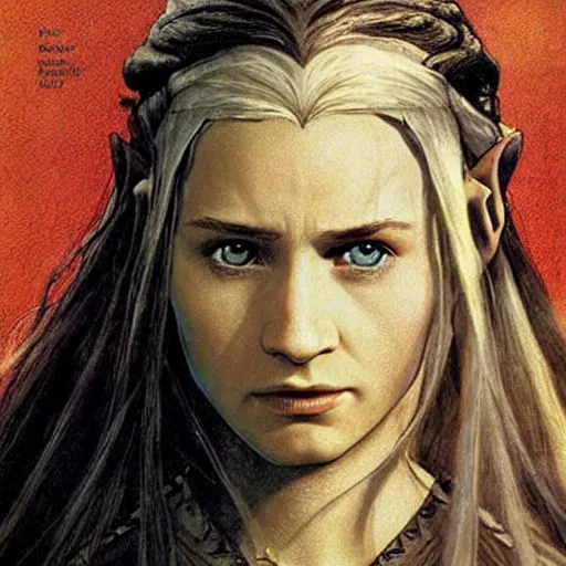 Prompt: a still from “ lord of the rings ” of a head and shoulders portrait of a female elf wizard, comic book cover photo by phil noto