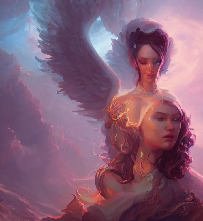 Image similar to centered waist up portrait photography an angel + bokeh + DOF + 8k, photorealistic + rendered in unreal engine + colors and composition by Peter Mohrbacher + line work by Dan Mumford , ultra realistic + backlit