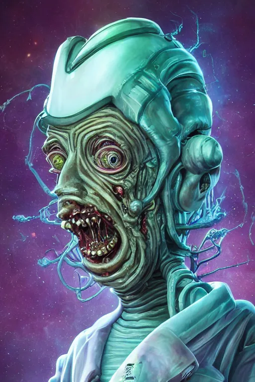 Image similar to rick and morty fused with a lovecraft space zombie wearing a damaged helmet, photo, portrait, 3d, high details, intricate details, by vincent di fate, artgerm julie bell beeple, 90s, Smooth gradients, octane render, 8k, High contrast, duo tone, depth of field, very coherent symmetrical artwork