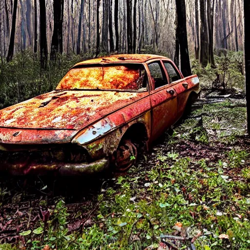 Prompt: a rusted old abandoned car in an eerie forest, sunlight seeping in through the trees, red mushrooms sprouting from the ground all around the car, a campfire to the side of the car, still smoldering