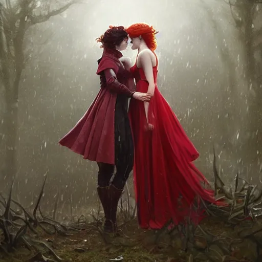 Prompt: a highly detailed portrait of polyamorous red haired vampire queens kissing in the rain wearing a blood red dress, epic fantasy, viewed in profile from far away, ultrawide lens, art by artgerm and greg rutkowski and alphonse mucha, volumetric lighting, 4 k resolution, trending on artstation, masterpiece