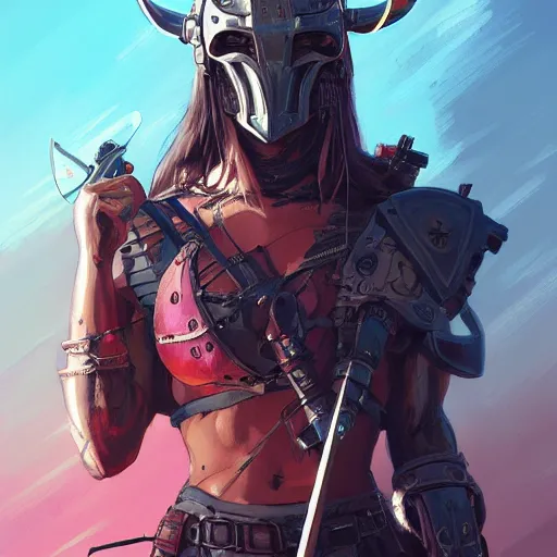 Image similar to cyberpunk viking helmet mask warrior goddess robot ninja fantasy, art gta 5 cover, official fanart behance hd artstation by jesper ejsing, by rhads, makoto shinkai and lois van baarle, ilya kuvshinov, ossdraws