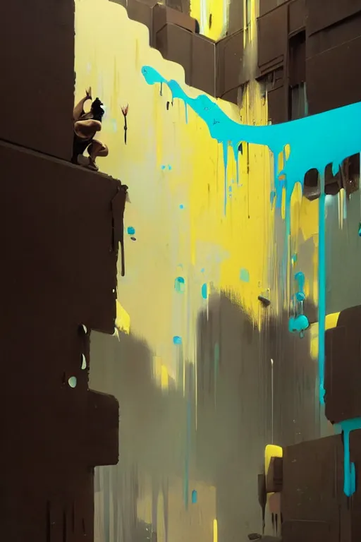 Image similar to matte painting extreme offset 3 d calligraphy graffiti mural dripping paint wall extreme maximalism by atey ghailan, by greg rutkowski, by greg tocchini, by james gilliard, by joe fenton, yellow, brown, black and cyan color scheme, octane render