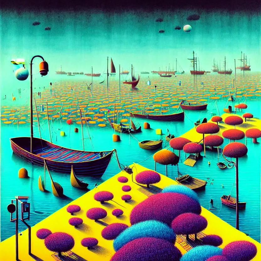 Image similar to surreal glimpse into other universe, a modern sea port, summer morning, very coherent and colorful high contrast, art by!!!! gediminas pranckevicius!!!!, geof darrow, floralpunk screen printing woodblock, dark shadows, hard lighting, stipple brush technique,