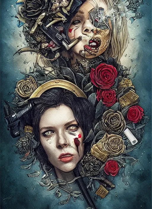 Image similar to tarot card :: horror :: hearts and roses :: aliens and sea :: cigarettes and smoke :: gold and silver :: guns and swords :: highly details :: intricate details :: Sandra Chevrier and bastien lecouffe deharme