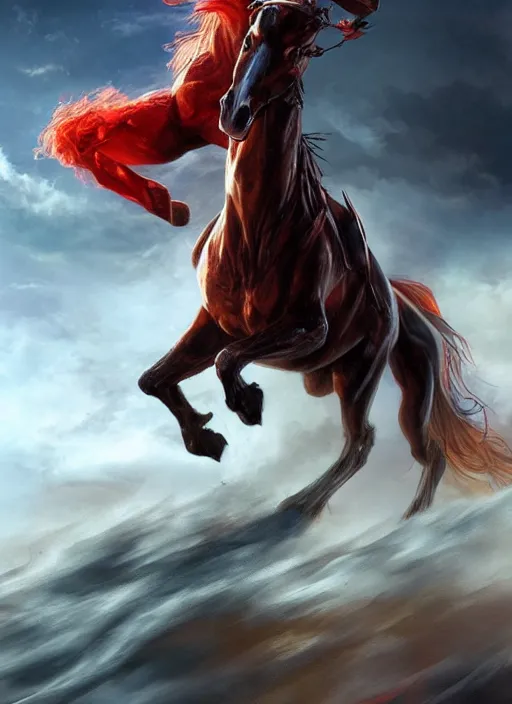 Prompt: the first singular horseman of the apocalypse riding a strong big red stallion, horse is running, the rider carries a large sword, flames from the ground, artwork by artgerm and rutkowski, breathtaking, dramatic, full view