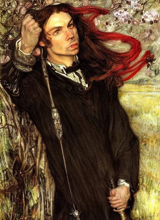 Image similar to a beautiful painting of elrond by John Everett Millais and Dante Gabriel Rossetti and John Collier and john william waterhouse, pre-raphaelite, detailed, trending on artstation, hd, masterpiece