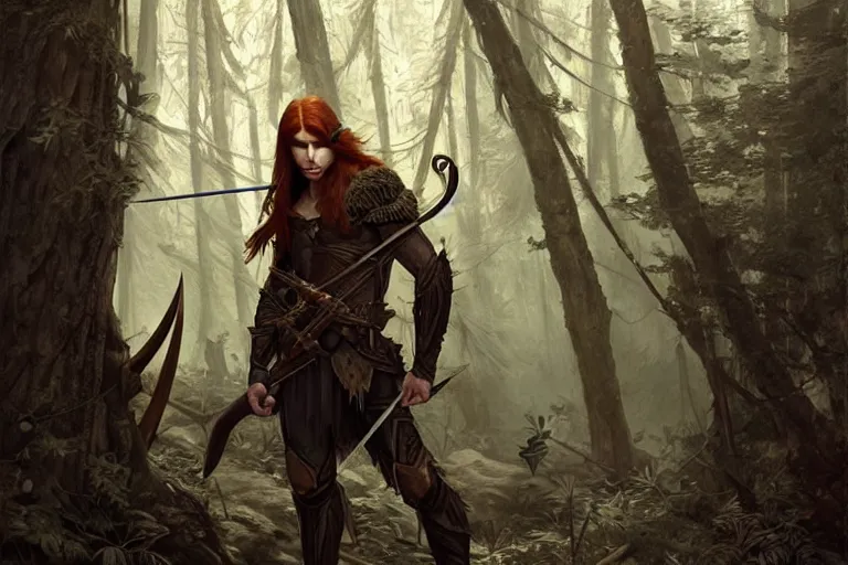 Image similar to male wood elf ranger with long auburn hair wearing an eye patch and leather armor, armed with glaive, in an ancient, mysterious forest at dusk, fantasy, intricate, elegant, highly detailed, digital painting, artstation, concept art, matte, sharp focus, illustration, art by roberto ferri and greg rutkowski and alphonse mucha