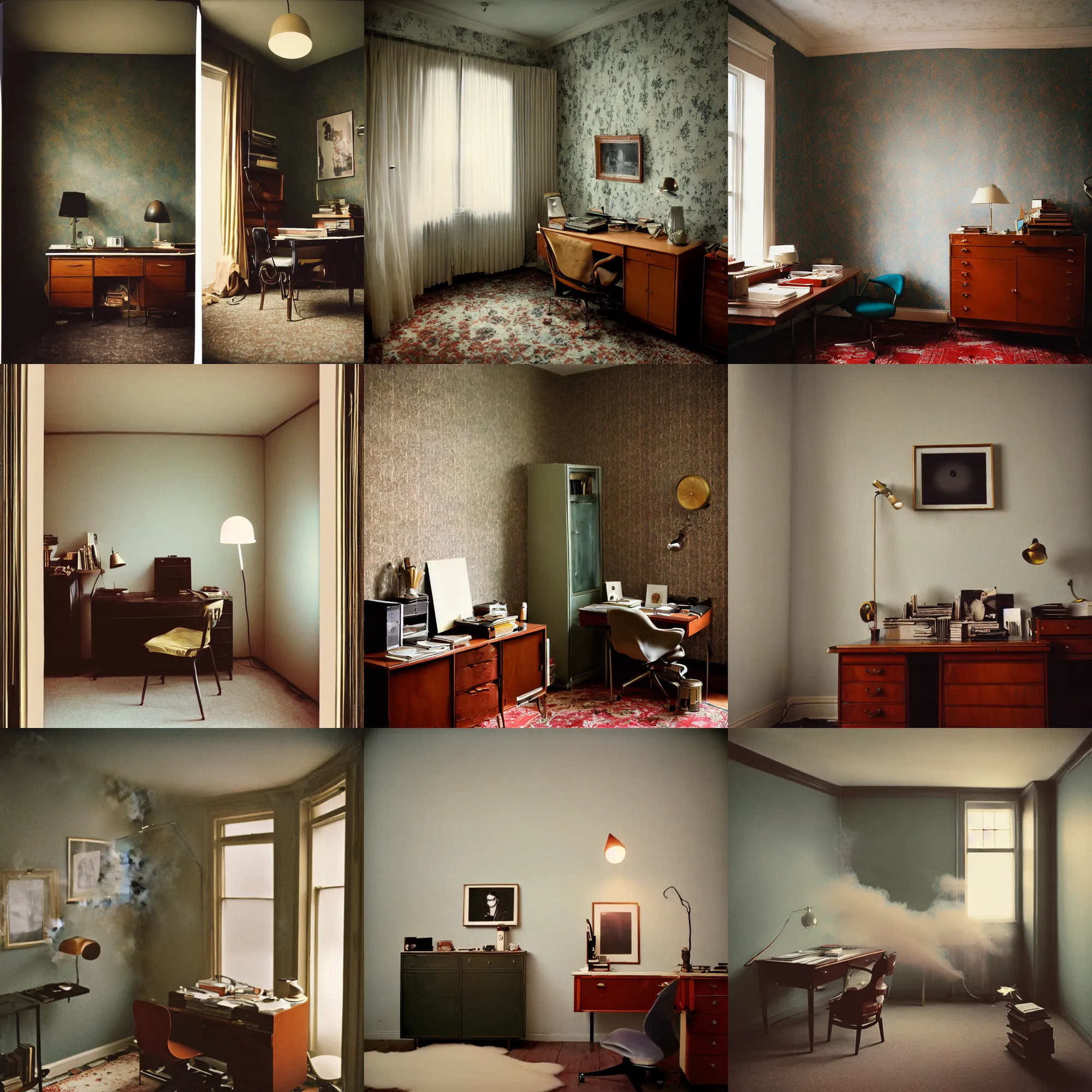 Image similar to kodak portra 4 0 0, wetplate, 8 mm extreme fisheye, award - winning portrait by britt marling of a 1 9 6 0 s private office room, picture frames, shining lamps, dust, smoke 1 9 6 0 s elegant metal furniture, wallpaper, carpet, books, muted colours, fog