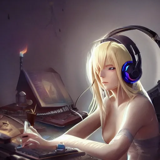 Image similar to a blonde miqo'te sitting in front of a computer wearing headphones, in the style of greg rutkowski, fantasy, amazing detail, epic, elegant, smooth, sharp focus