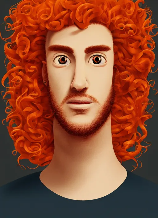 Image similar to illustration drawing of a curly orange hair man as a portrait, style by pixar, digital art, trending on artstation, behance, deviantart