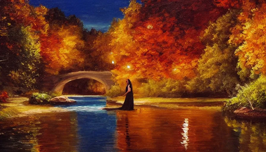 Prompt: an oil painting of a beautiful woman transforming into a peaceful river at night, it's autumn and a gentle breeze is moving leaves around, cinematic lighting, establishing shot, art station