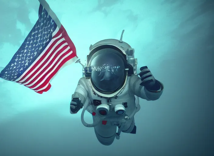 Image similar to astronaut underwater putting a flag on the bottom of the ocean. in the background, a submarine is visible. dark, concept art, cinematic, dramatic, blender, photorealistic, octane render, 8 k, volumetric lighting, trending on artstation, zack snyder