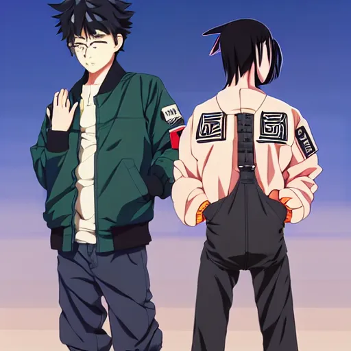 Image similar to a beautiful androgoynous anime boy gravure model, wearing oversized mayan bomber jacket and leotard with overalls, bulky poofy bomber jacket with mayan patterns, aztec street fashion, gapmoe yandere grimdark, trending on pixiv fanbox, painted by greg rutkowski makoto shinkai takashi takeuchi studio ghibli, akihiko yoshida