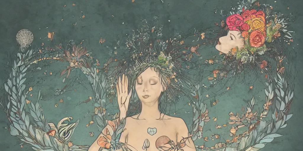 Prompt: a woman levitating above water, with a glowing crown above her head and an ikebana flower arrangement illustration by chiara bautista, milk, logyu, ilka