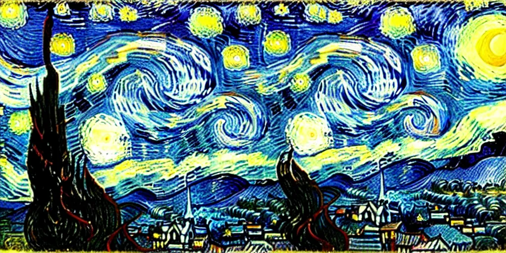 Image similar to The Starry Night drawn by Caspar David Friedrich