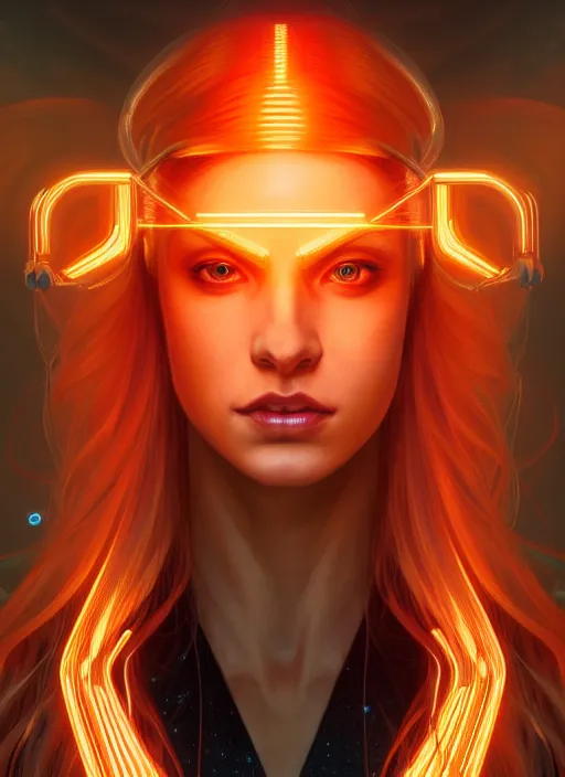 Image similar to symmetry!! portrait of woman with long flaming blonde hair, sci - fi, tech wear, glowing lights!! intricate, elegant, highly detailed, digital painting, artstation, concept art, smooth, sharp focus, illustration, art by artgerm and greg rutkowski and alphonse mucha, 8 k