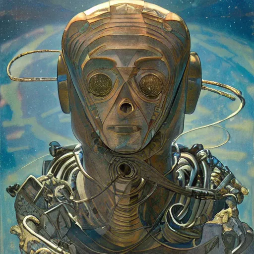 Image similar to the mummy astronaut, style hybrid mix of Anton Pieck+Jean Delville+ Amano,Yves Tanguy+ Alphonse Mucha+ Ernst Haeckel+ Edward Robert Hughes+Stanisław Szukalski , rich moody colors,diamond dust glitter and sparkles, holographic krypton ion,blue eyes,octane render,4k, ighly detailed, hyperrealism, excellent composition, cinematic concept art, dramatic lighting, trending on ArtStation