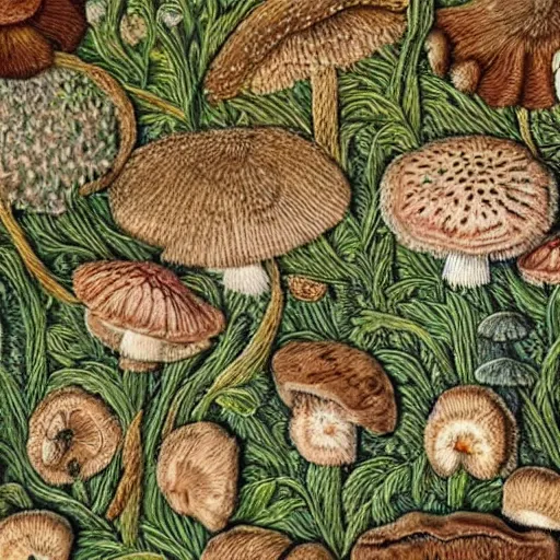 Image similar to a close up view of a wall with mushrooms on it, a detailed painting by master of the embroidered foliage, featured on behance, arts and crafts movement, intricate, ornate, made of flowers