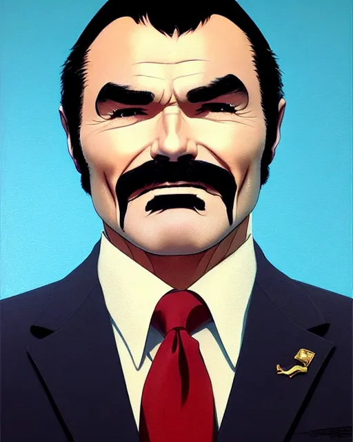 Prompt: portrait burt Reynolds. fine-face, pretty face, realistic shaded Perfect face, fine details. Anime. realistic shaded lighting by Ilya Kuvshinov katsuhiro otomo ghost-in-the-shell, magali villeneuve, artgerm, rutkowski, WLOP Jeremy Lipkin and Giuseppe Dangelico Pino and Michael Garmash and Rob Rey in official suit
