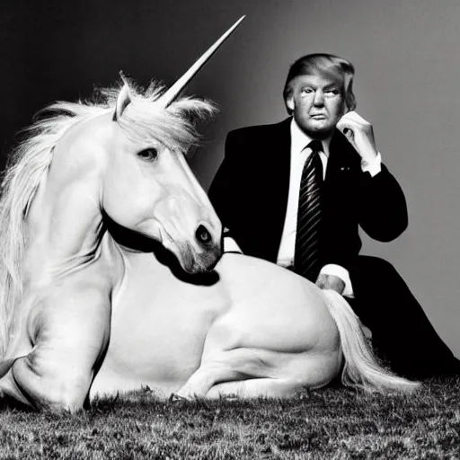 Prompt: an award winning pulitzer price analog photograph of donald trump and vladimir putin sitting on a unicorn. wide angle