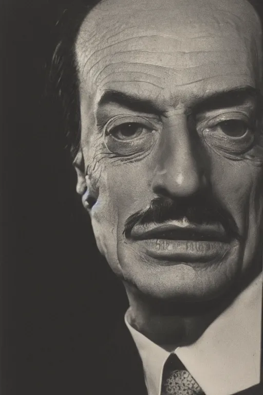 Prompt: photo portrait of dali, head centered portrait, enigmatic, smiling, head in focus, shot with hasselblad, 5 0 mm lens, photography, very soft diffuse lights, by yousuf karsh and man ray, fine film grain, dark smoky background