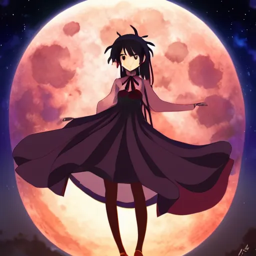 Image similar to a magical anime girl under the moon, dark colours, drawn by studio Ufotable, amazing line work, high quality,