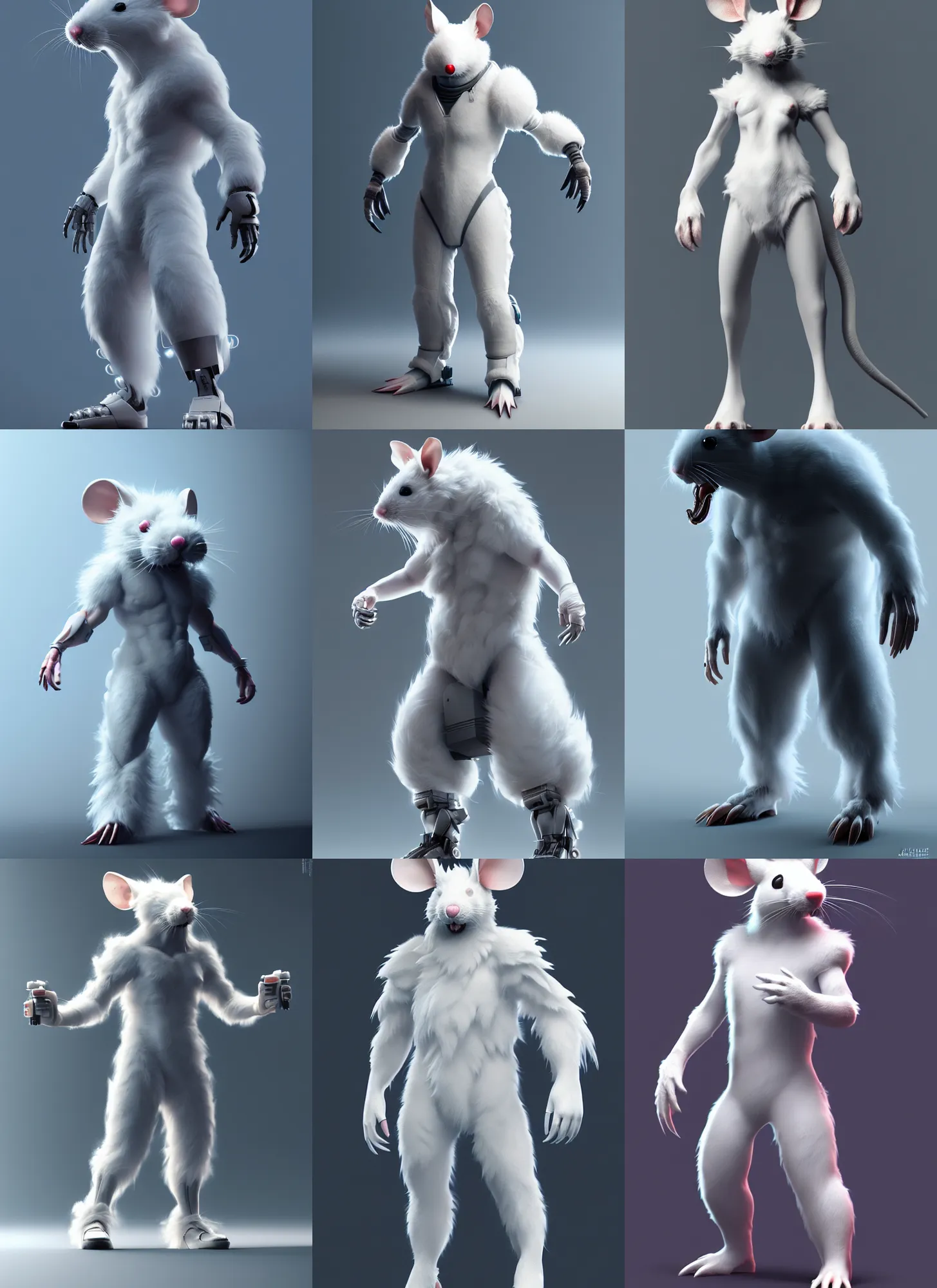 Prompt: full body character of an antropomorphic white furred mouse technomage, high detail, scifi, cyberpunk style, soft studio lighting, digital painting, concept art, octane render