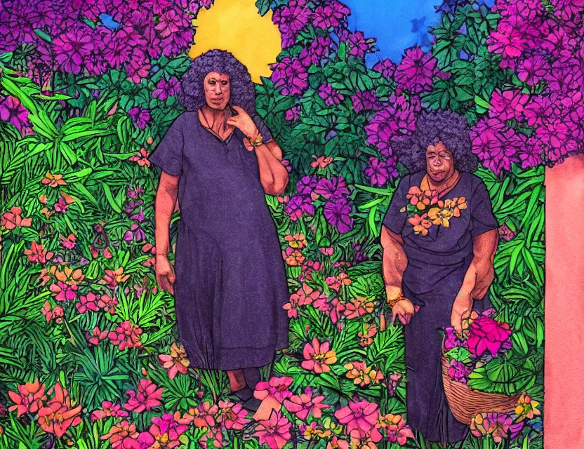 Prompt: black granny in vaporwave courtyard garden. complementary colors, gouache, indie concept art, bloom, chiaroscuro, backlighting, intricate details.