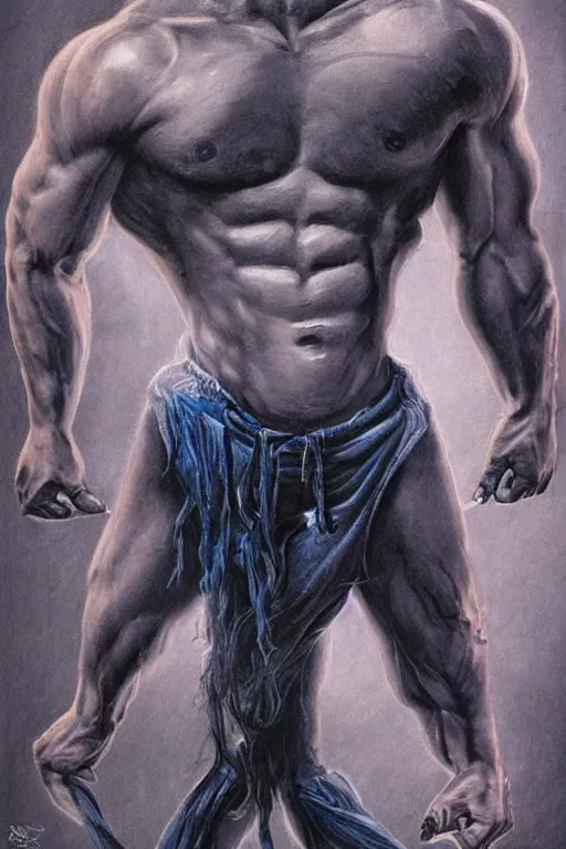 Image similar to Portrait of frontal standing pose torso of a very attractive muscular man in old blue jeans. Heavily all his skin is covered by Mayan BIKER tattoos, surrounded by magic lightings overlays, Intricate, concept art, magic lighting overlays, magical portal opened, D&D!, fantasy style, sharp focus!, ultra detailed, art by Artgerm and Peter Andrew Jones, WLUP, Magali Villeneuve