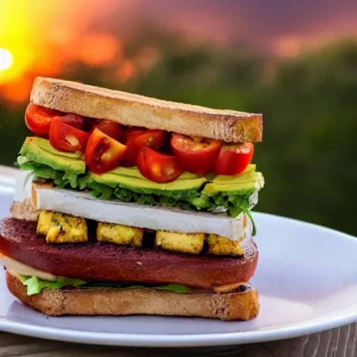 Image similar to sandwich with fried tofu, also one tomato slice, two onion rings, avocado and cheddar, over a dish and over a table, outside with a sunset and rainbow in the background with saturn and stars in the sky