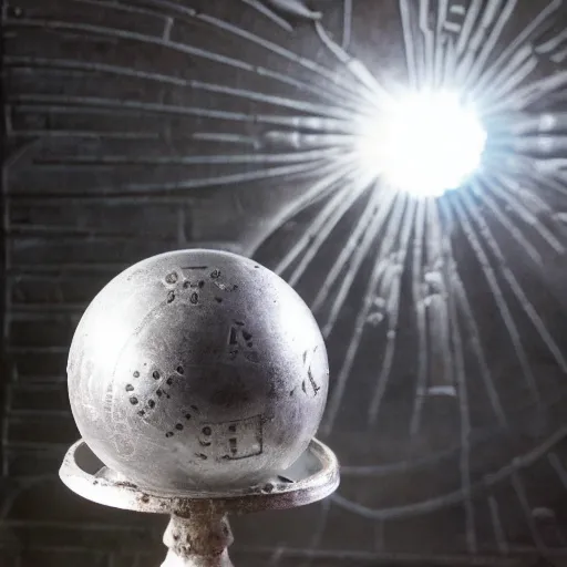 Prompt: an iron ball with weird symbols engraved on it, the ball is on a pedestal. the light enter the room by a hole in the ceiling. closeup. anne rice.