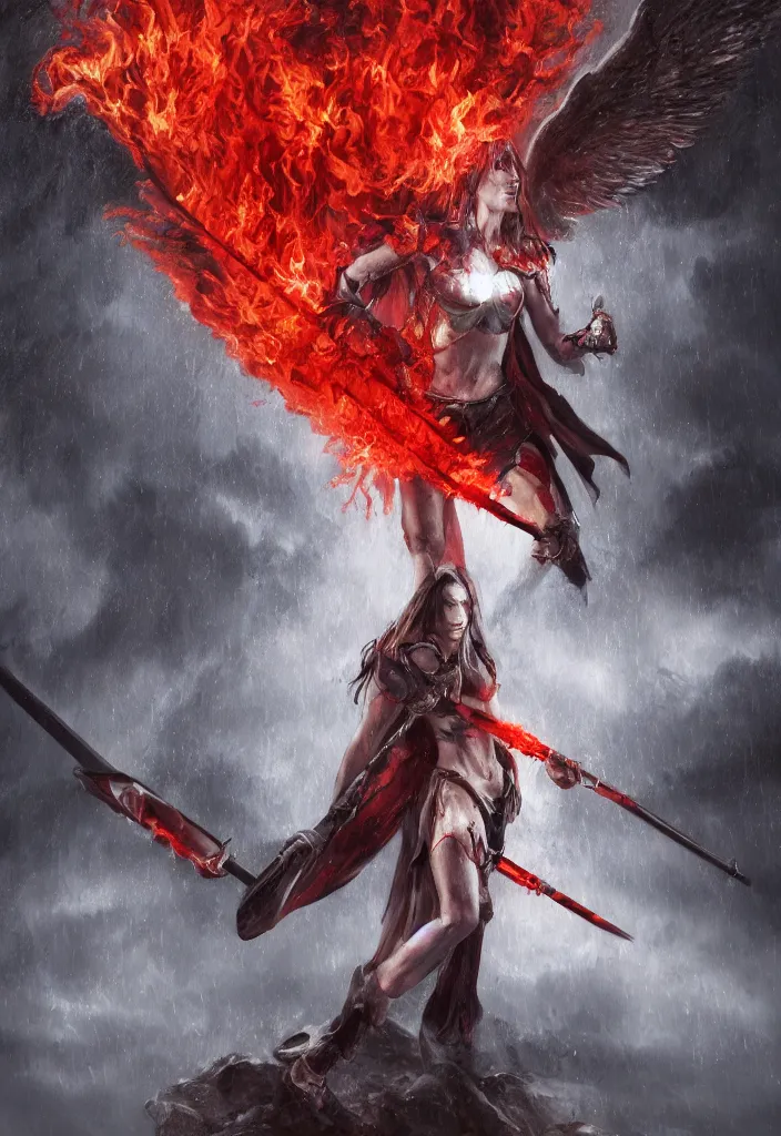 Image similar to an angel with red eyes and a flaming sword standing in heavy rain while doing a heroic pose, oil on canvas, realistic, concept art, fantasy, 8 k, digital art.