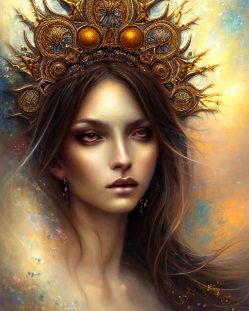 Image similar to portrait of a beautiful celestial goddess, unusual beauty, esoteric, muted colors, head in focus, fantasy art, ornamental aesthetics intricate, elegant, highly detailed, hyperrealistic painting, artstation, concept art, painterly, sharp focus, illustration, art by lois royo