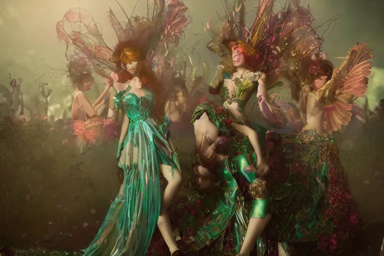 Image similar to enchanted fae carnival, re-raphaelite fairies, featured on artstation, richly dressed crowd, unreal engine, dramatic cinematic lighting smooth, sharp focus, extremely detailed