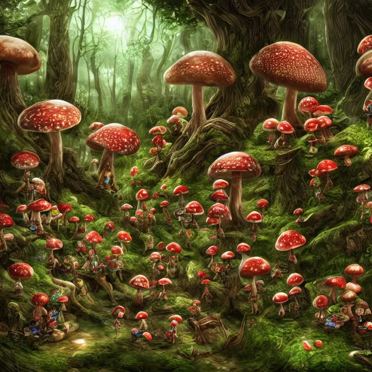 Image similar to hyper detailed mushroom Elf elves in the forest digital art, 4k, deviantart studio lighting