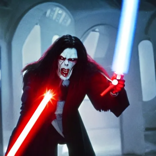 Image similar to morbius with a lightsaber in his hands