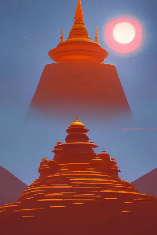 Image similar to tibetan stupa glowing orange in canyon, geometric lines in the sky, floating planets, dramatic lighting, artstation, matte painting, ralph mcquarrie, simon stalenhag