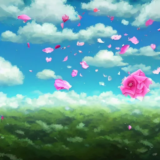 Image similar to background art of spaciously scattered flower petals flowing and floating through the blowing swirling directional wind from left to right on a simple cloudy sky background, big puffy clouds, large individual rose petals, angular background elements, polygonal fragments, studio ghibli, artgerm, trending on artstation, art nouveau, mature color scheme