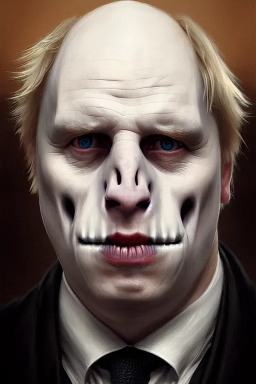 Image similar to Boris Johnson as Lord Voldemort without nose, realistic portrait, symmetrical, highly detailed, digital painting, artstation, concept art, smooth, sharp focus, illustration, cinematic lighting, art by artgerm and greg rutkowski and alphonse mucha