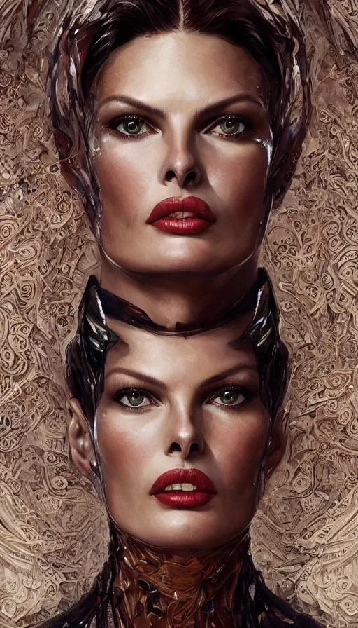 Prompt: linda evangelista, bold, passionate, seductive, expressive, charismatic, very sweaty, intricate fashion clothing, insane, intricate, highly detailed, digital painting, artstation, concept art, surrealistic, smooth, sharp focus, illustration, unreal engine 5, 8 k, art by artgerm and greg rutkowski and alphonse mucha