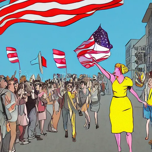 Prompt: a woman in a white, lemon - print dress throwing a molotov cocktail while transgender flags wave in the background, illustrated, hyper detailed