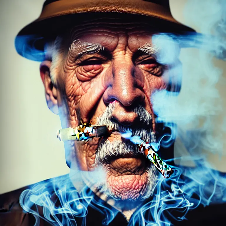 Prompt: a detailed portrait of an old man, smoking a perfectly symmetrical cuban cigar, cinematic photography, smoke rising like clouds, beautifully symmetrical, super resolution, cgi, trending on art station, volumetric lighting & shadows, hyper detailed, 8 k, unreal engine, canon 2 0 0 mm,