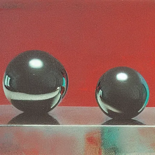 Prompt: chrome spheres on a red cube by john frederick kensett