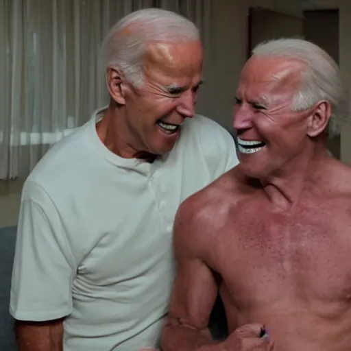 Prompt: a professional atmospheric film like 35mm photograph of an evil laughing Joe Biden shirtless punching a 90-year old woman in the stomach at a run-down senior citizen rest home, there is full bedpan next to him